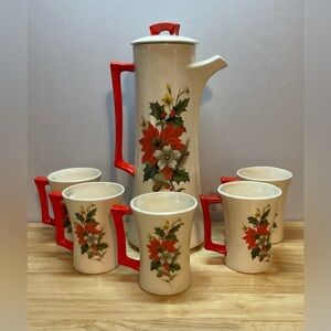 🎄Vintage MCM Arners Poinsettia Flower  Christmas Chocolate Pot & 5 Matching Mugs